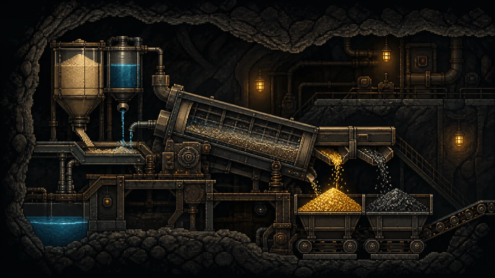 Original pixel-art illustration of Sand and Water feeding a separator that produces Gold and Slag